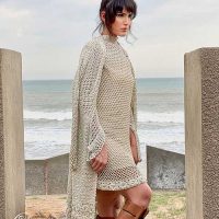 Short net weave A-line short tunic with floral border