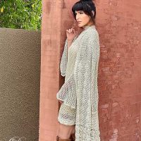Short net weave A-line short tunic with floral border