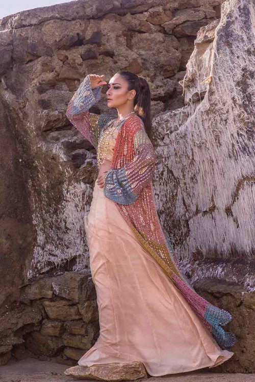 Mix weave Long Crochet jacket with worked silk blouse and net skirt