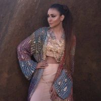 Mix weave Long Crochet jacket with worked silk blouse and net skirt