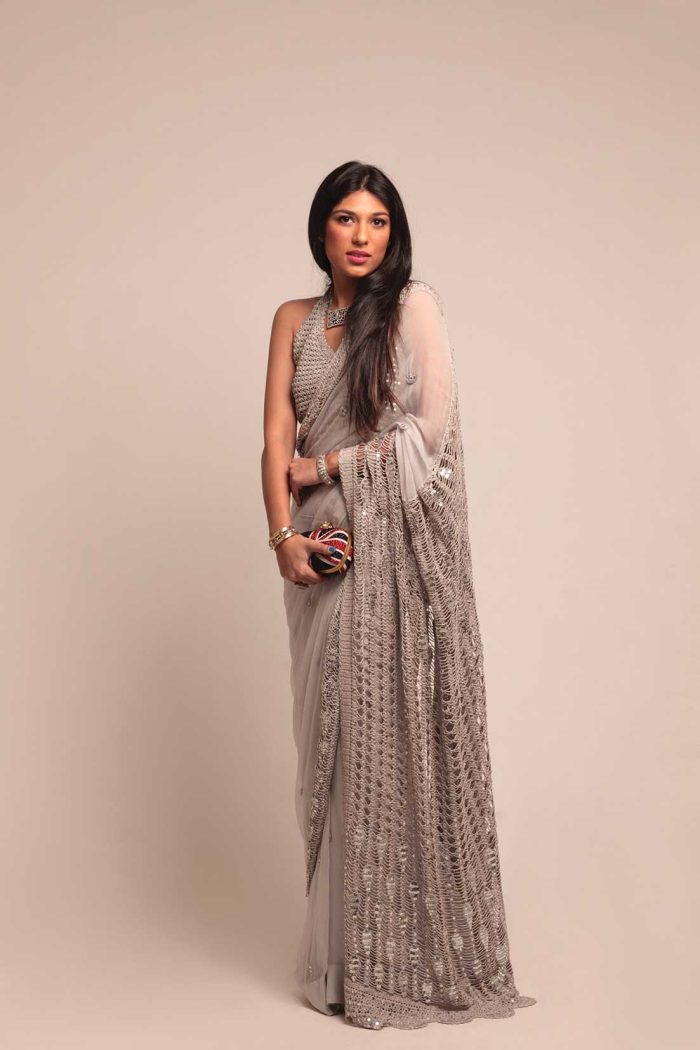 Delphi Classic Grey saree with silver sequins