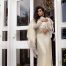 Long net weave A-line gown with floral border